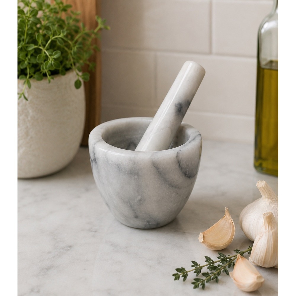 Solid Marble Mortar and Pestle Set Grey Veined Stone Herb Spice Grinder